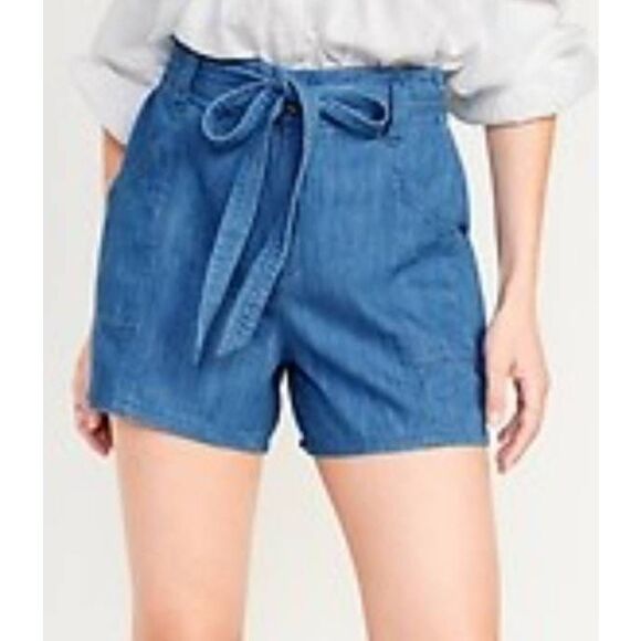 Old Navy Chambray Sz XL High Waist Shorts Tie Waist 100% Cotton New - Picture 1 of 6